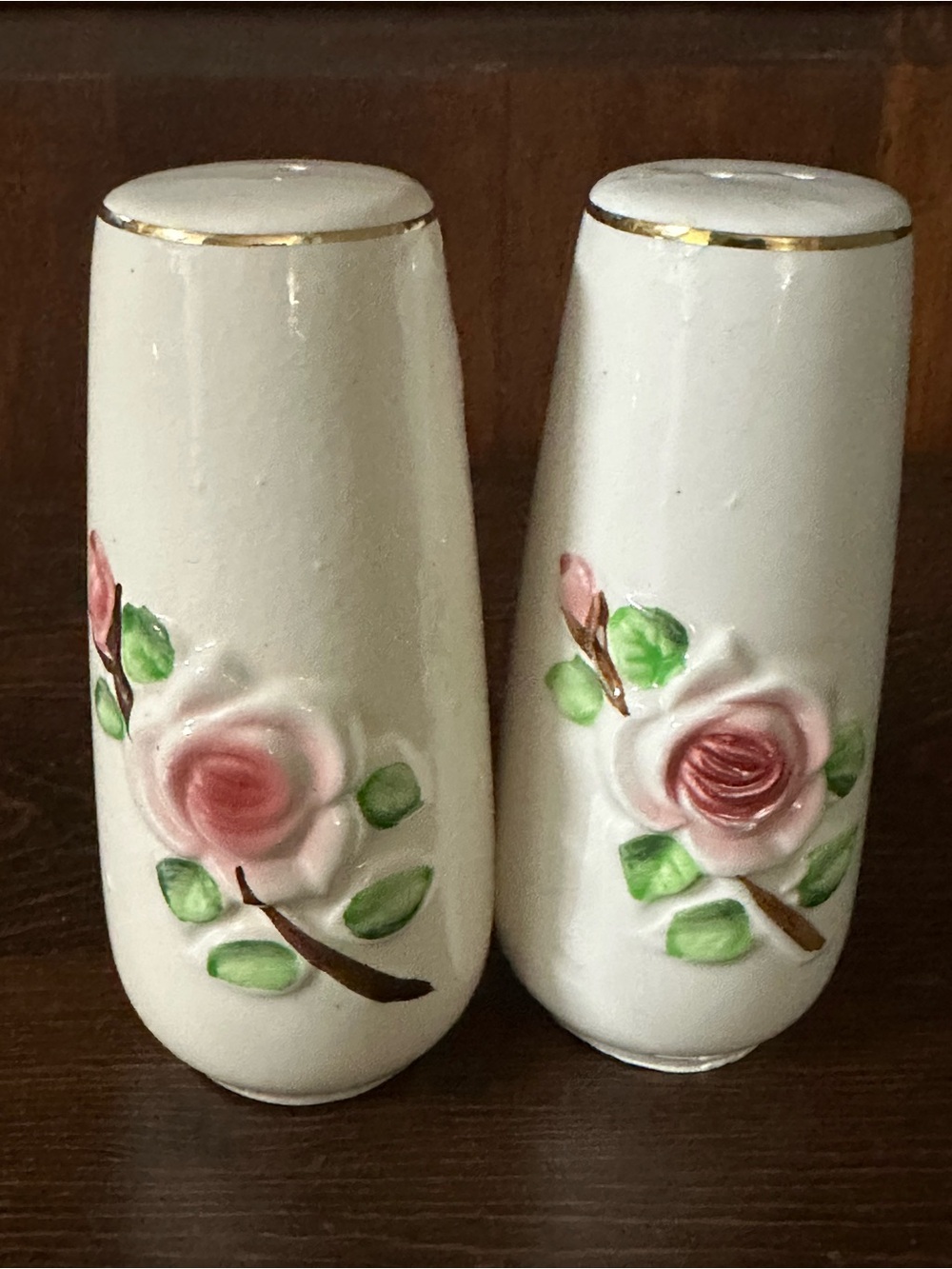 Vintage Mid 20th Century Porcelain Salt & Pepper Shakers- Roses & Prayers